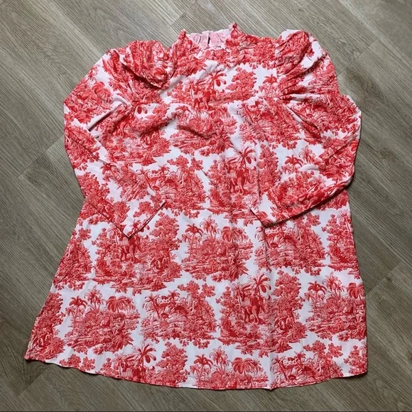 💢SOLD💢 SHEIN Frill Neck Puff Sleeve Landscape Print Belted Dress - Picture 2 of 8